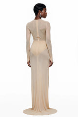 Olinda Nude Ruched Maxi Dress with Asymmetrical Hem