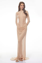 Olinda Nude Ruched Maxi Dress with Asymmetrical Hem