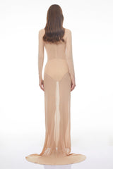 Olinda Nude Ruched Maxi Dress with Asymmetrical Hem