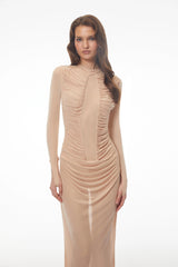 Olinda Nude Ruched Maxi Dress with Asymmetrical Hem