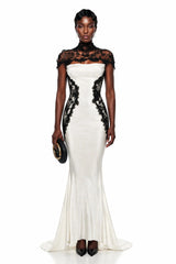 Olinda White Lace Panel Maxi Dress with Cape