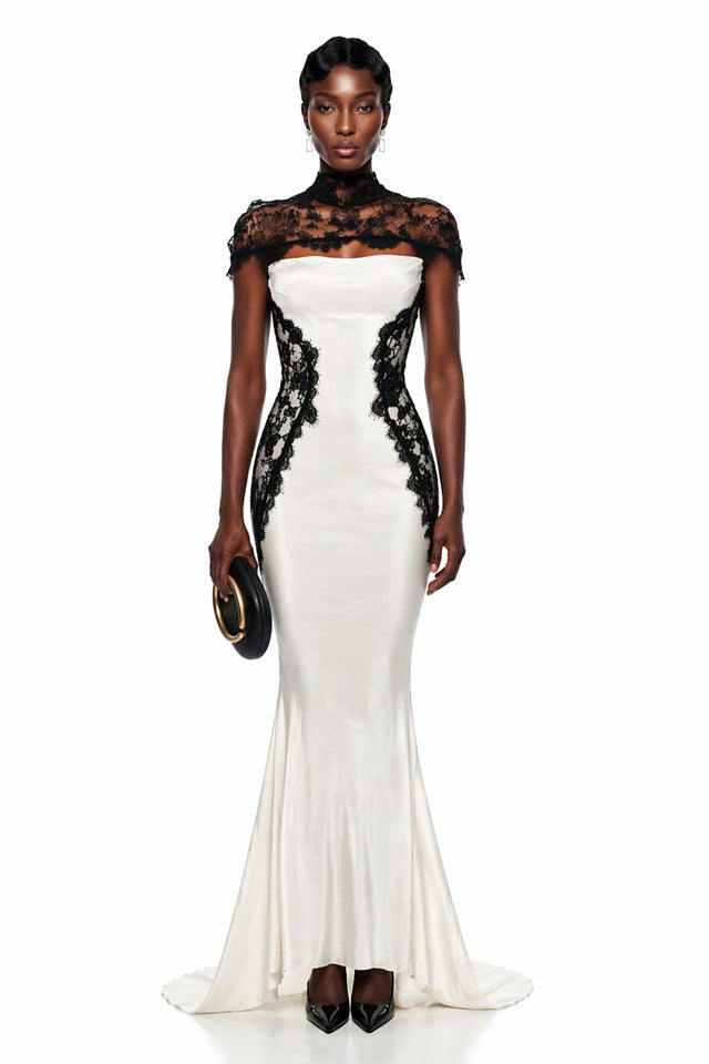 Olinda White Lace Panel Maxi Dress with Cape
