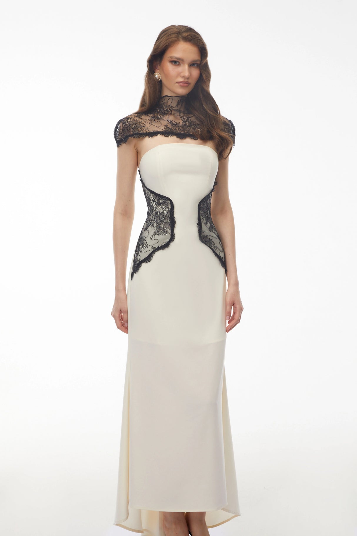 Olinda White Lace Panel Maxi Dress with Cape