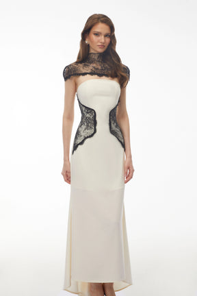 Olinda White Lace Panel Maxi Dress with Cape