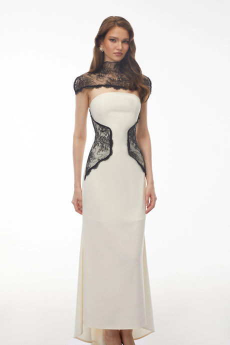 Agnolina Maxi Dress White Lace Panel with Cape