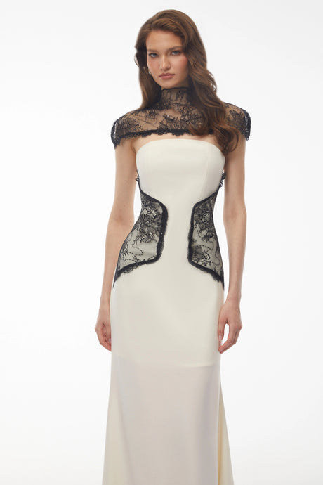 Agnolina Maxi Dress White Lace Panel with Cape