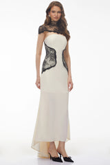 Olinda White Lace Panel Maxi Dress with Cape
