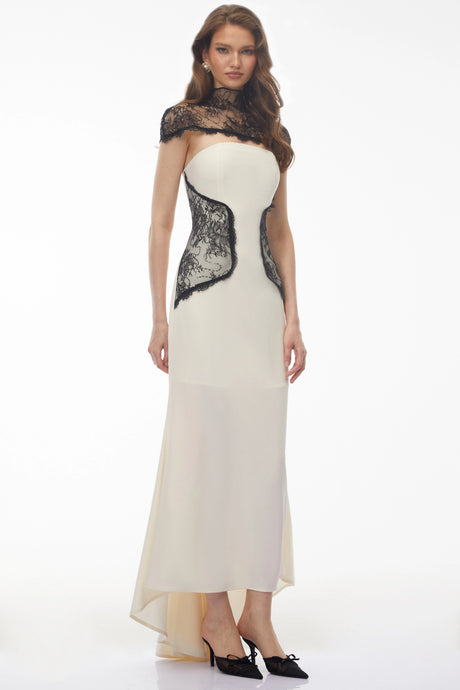 Agnolina Maxi Dress White Lace Panel with Cape