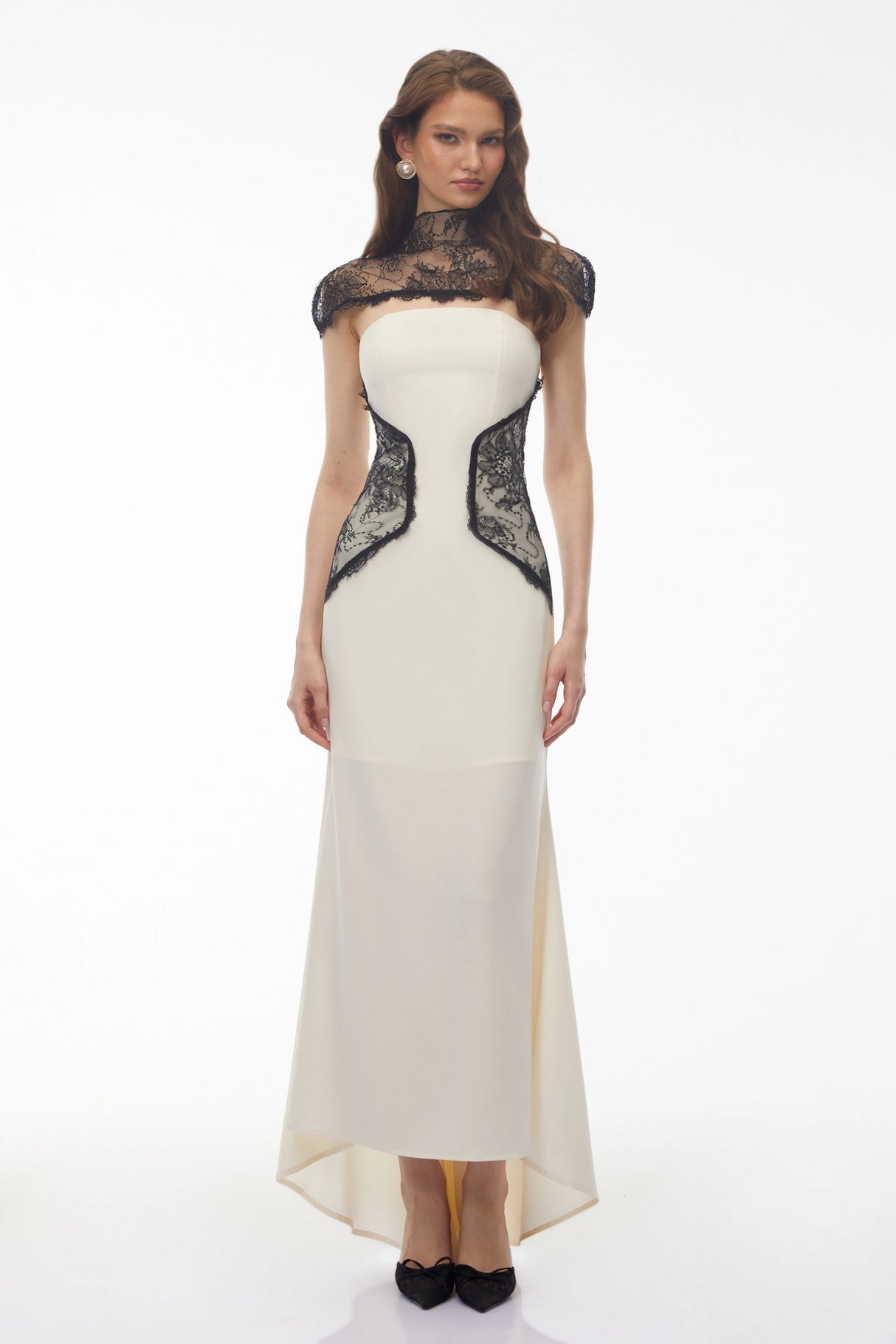 Olinda White Lace Panel Maxi Dress with Cape