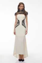 Olinda White Lace Panel Maxi Dress with Cape