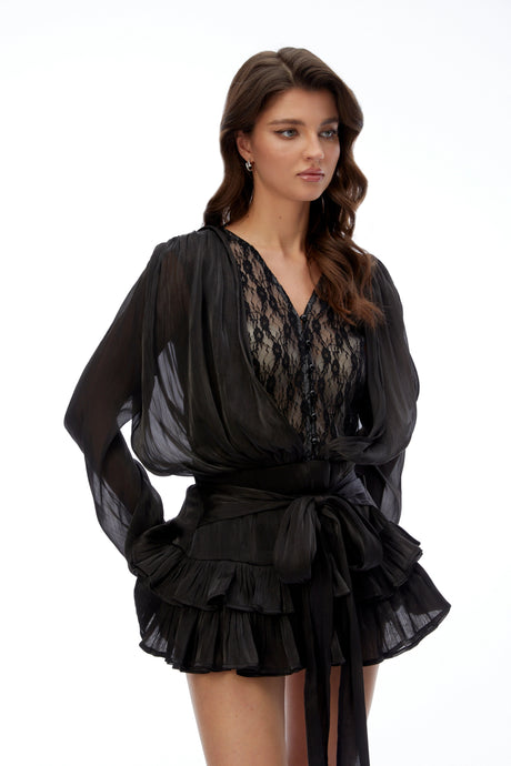 Caterina Mini Dress Black with Lace Ruffled Trim