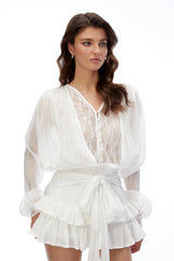 Olive White Mini Dress with Lace Ruffled Trim