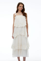 Olivia Neutral 3D Floral Applique Tiered Lace Midi Dress