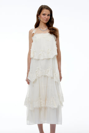 Olivia Neutral 3D Floral Applique Tiered Lace Midi Dress