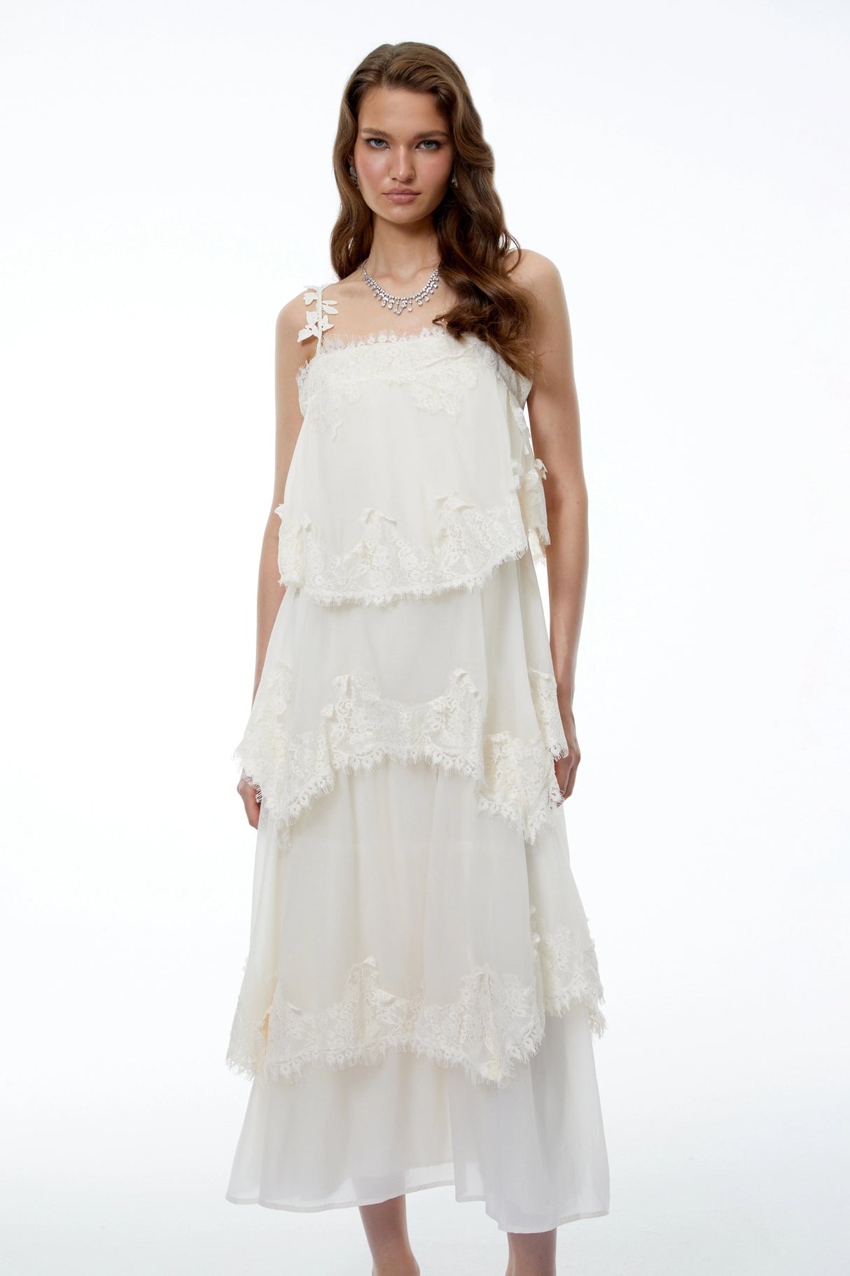 Olivia Neutral 3D Floral Applique Tiered Lace Midi Dress