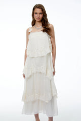 Olivia Neutral 3D Floral Applique Tiered Lace Midi Dress