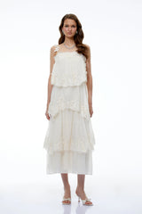 Olivia Neutral 3D Floral Applique Tiered Lace Midi Dress