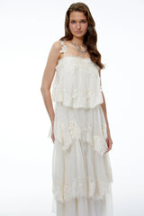 Olivia Neutral 3D Floral Applique Tiered Lace Midi Dress
