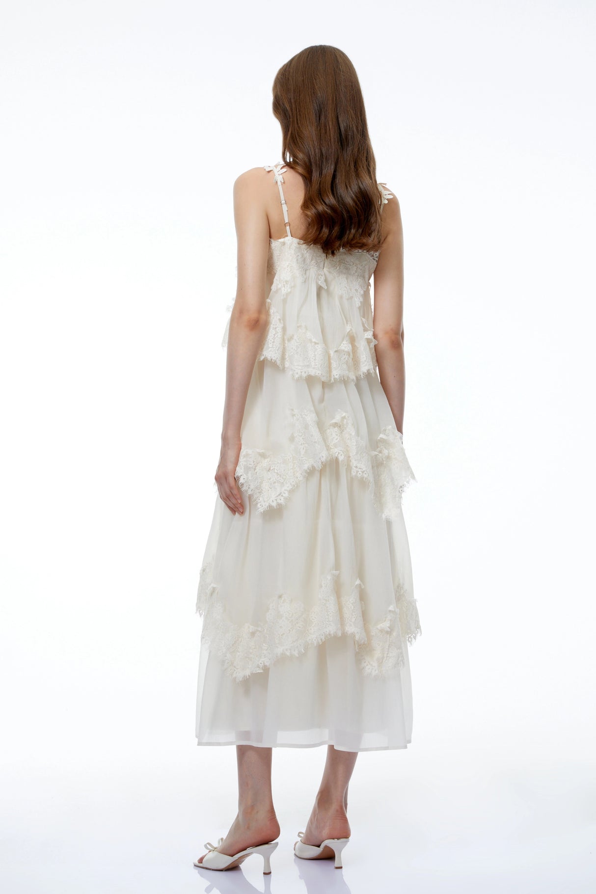 Olivia Neutral 3D Floral Applique Tiered Lace Midi Dress