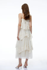 Olivia Neutral 3D Floral Applique Tiered Lace Midi Dress