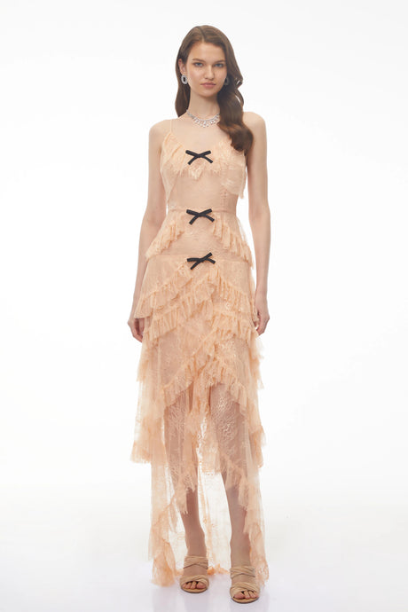 Ermione Maxi Dress Orange Lace with Ruffled Trim