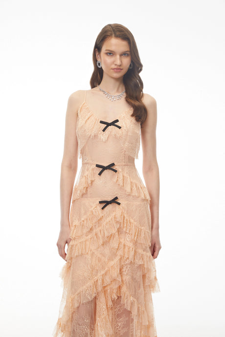 Ermione Maxi Dress Orange Lace with Ruffled Trim