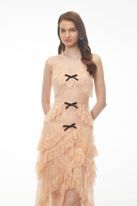 Ermione Maxi Dress Orange Lace with Ruffled Trim