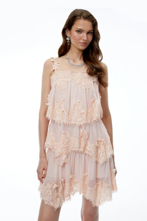 Olivia Pink Floral Applique Tiered Lace Mini Dress