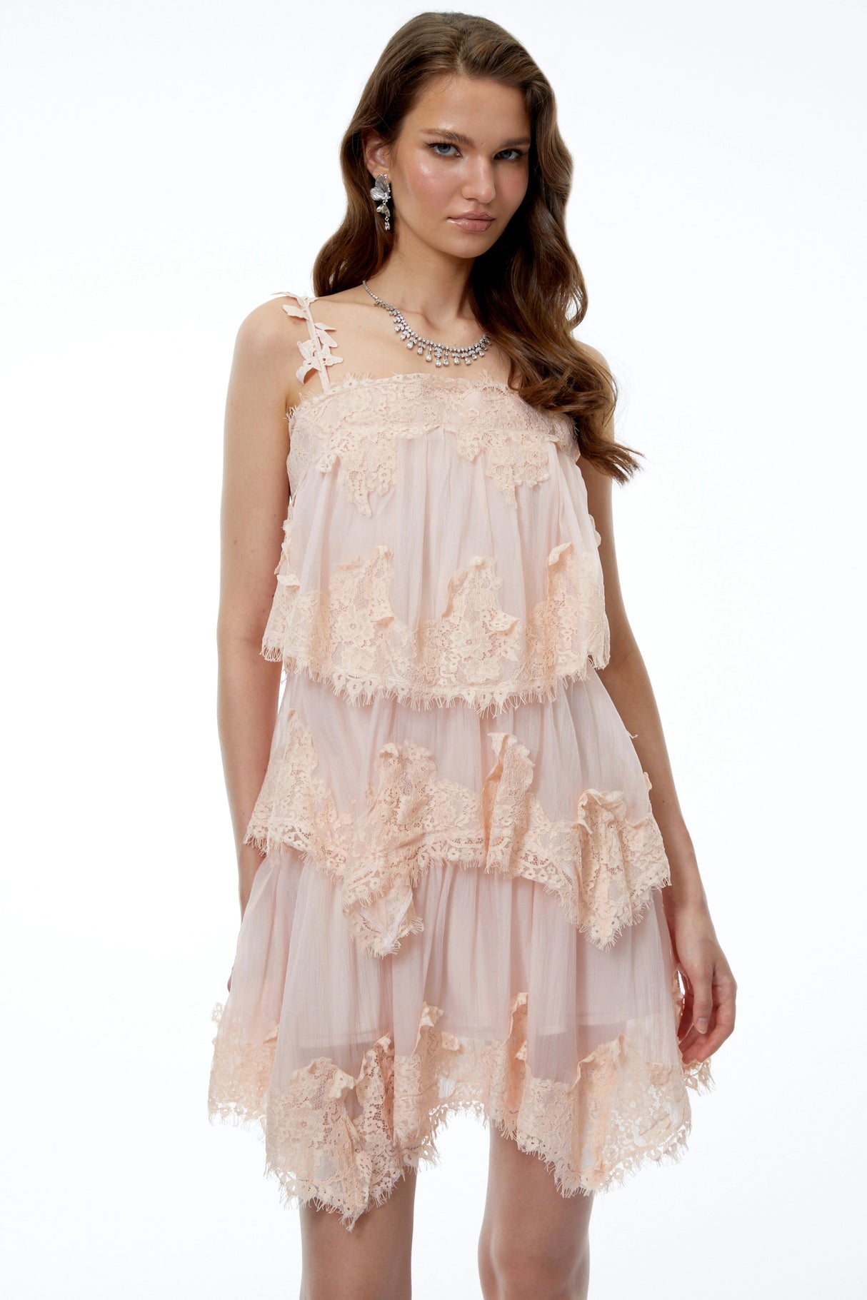 Olivia Pink Floral Applique Tiered Lace Mini Dress