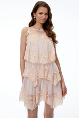 Olivia Pink Floral Applique Tiered Lace Mini Dress