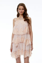 Olivia Pink Floral Applique Tiered Lace Mini Dress