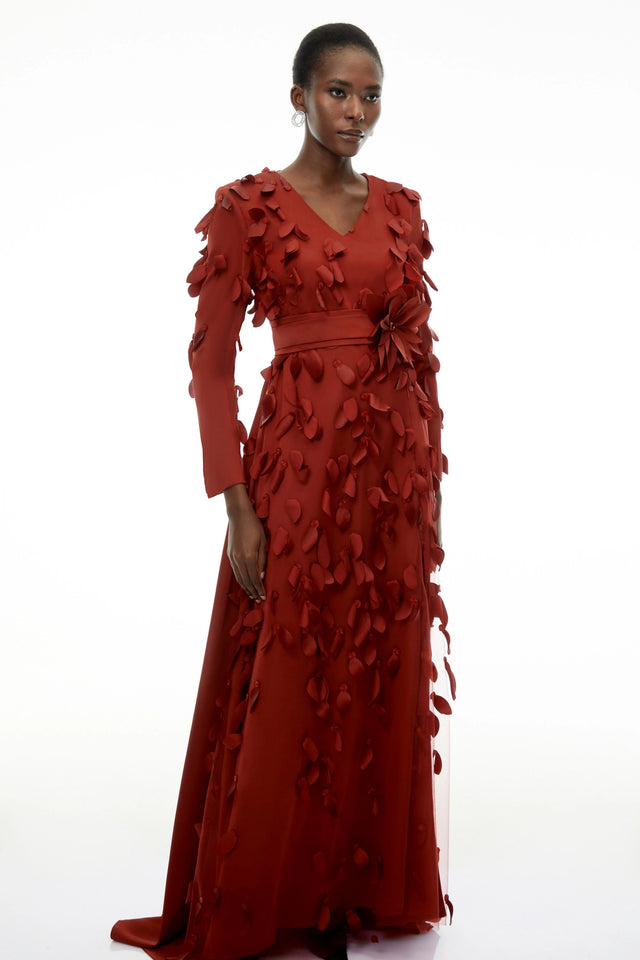 Olivia Red Maxi Dress with AllOver 3D Petals