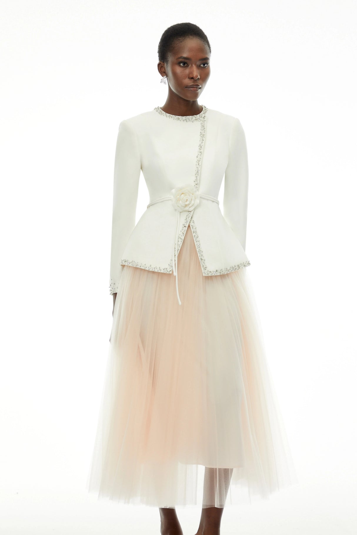 Olivia White Embellished Tulle Top  Pleated Skirt Set