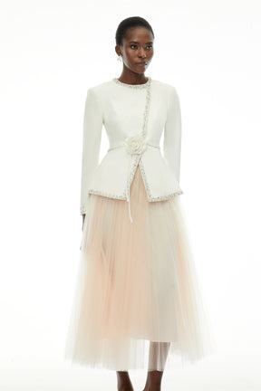 Olivia White Embellished Tulle Top  Pleated Skirt Set