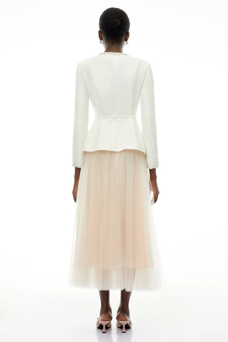 Assuntina White Embellished Tulle Top & Pleated Skirt Set