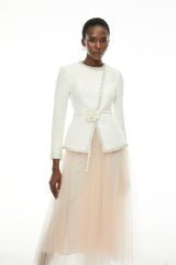 Olivia White Embellished Tulle Top  Pleated Skirt Set