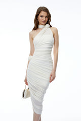 Olivia White Halterneck Ruched Midi Dress with 3D Florals