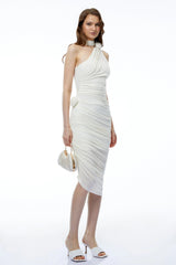 Olivia White Halterneck Ruched Midi Dress with 3D Florals