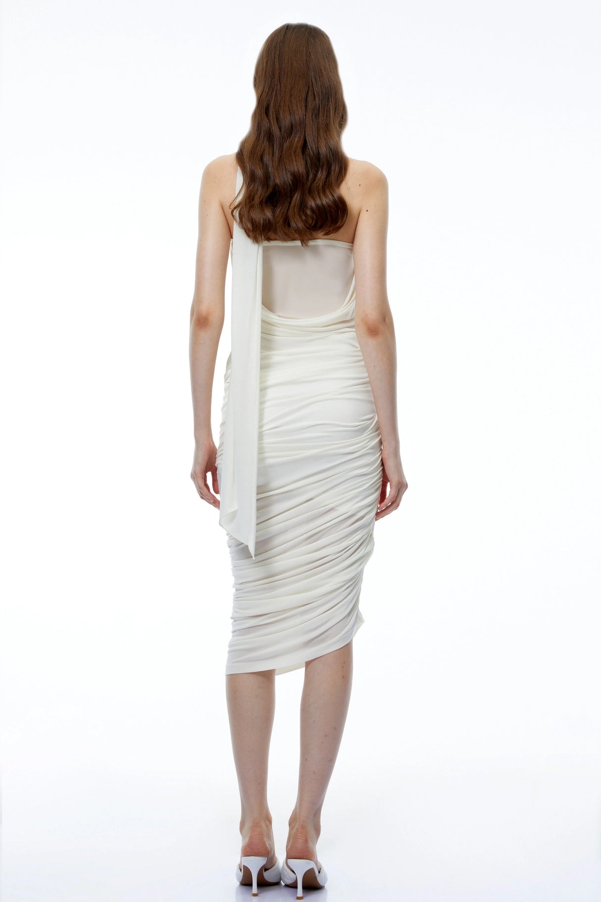 Olivia White Halterneck Ruched Midi Dress with 3D Florals