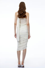Olivia White Halterneck Ruched Midi Dress with 3D Florals