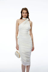 Olivia White Halterneck Ruched Midi Dress with 3D Florals