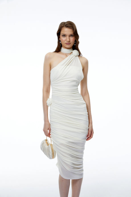 Coraline Midi Dress White Halterneck Ruched with 3D Florals