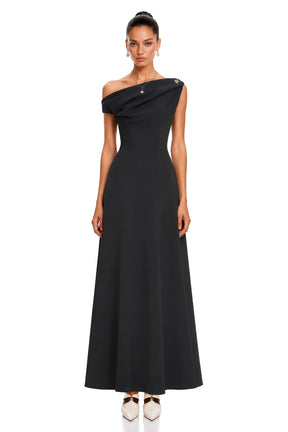 Olympia Black Off Shoulder Ruched Maxi Dress