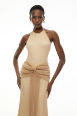 Olympia Champagne Halterneck Ruched Maxi Dress