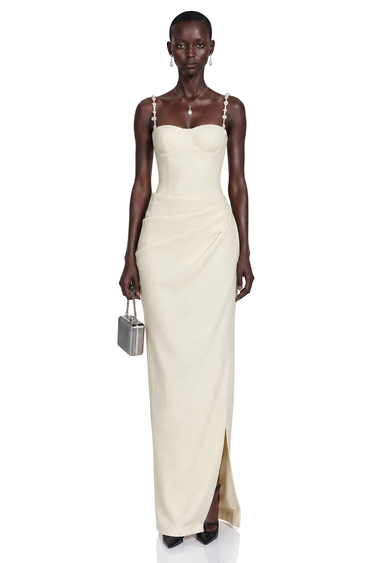 Olympia Cream White Maxi Dress with 3D Floral Straps