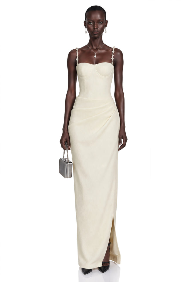 Olympia Cream White Maxi Dress with 3D Floral Straps