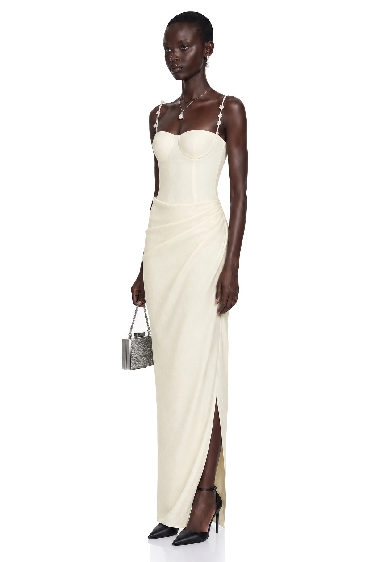 Olympia Cream White Maxi Dress with 3D Floral Straps