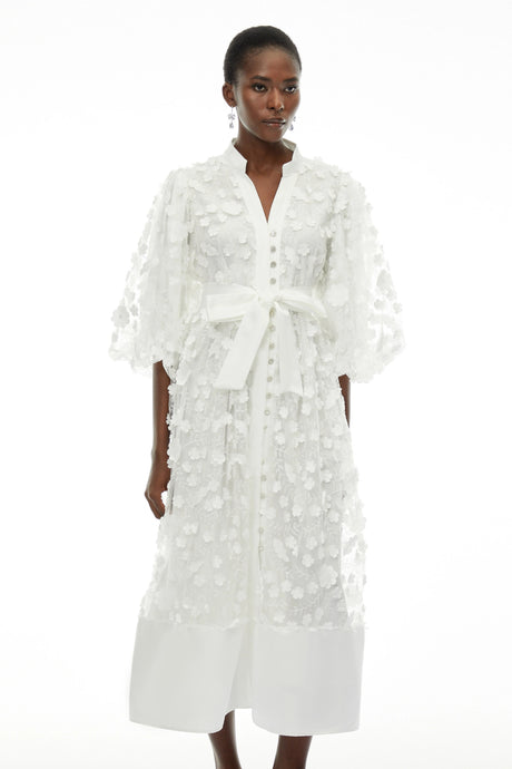 Benedetta Midi Dress White Puff Sleeve with 3D Florals