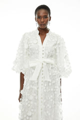 Olympia White Puff Sleeve Midi Dress with 3D Florals