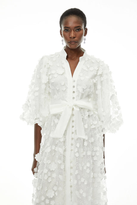 Benedetta Midi Dress White Puff Sleeve with 3D Florals